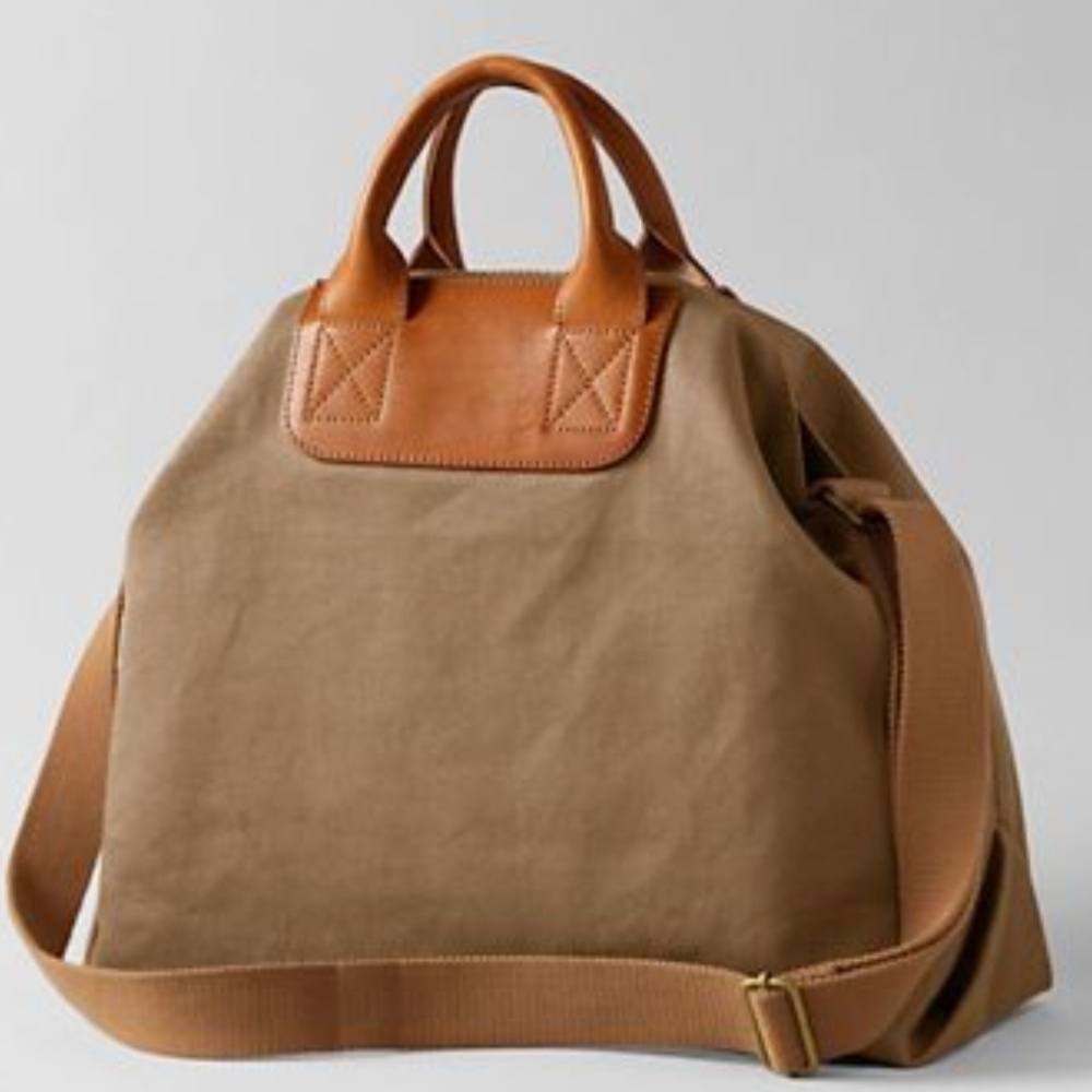 Lands End Small Khaki Twill Canvas Tote Bag w/ Leather Handles + Shoulder Strap